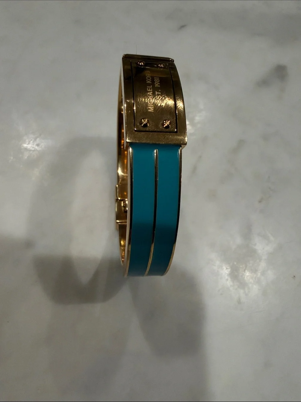 Michael Kors Logo Plaque Gold Tone Enamel Bangle Bracelet/Turquoise/ Hinged